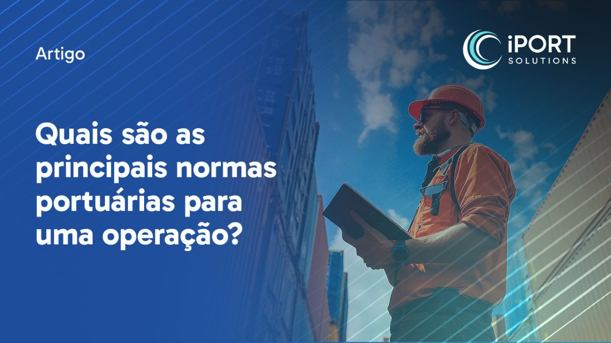 Profissional portuário com tablet entre contêineres, representando normas portuárias  e conformidade operacional.